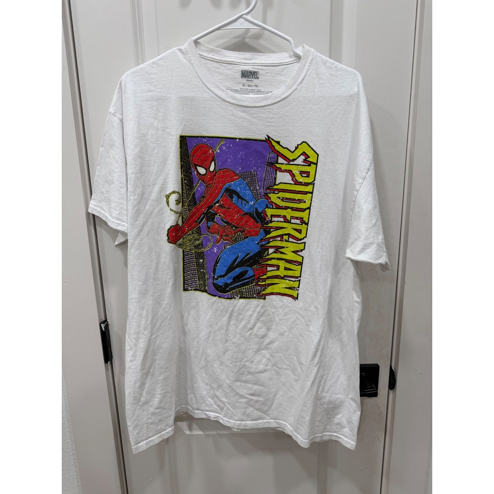 Marvel Spiderman Graphic T-Shirt Mens XL White Cotton Short Sleeve Comic Tee